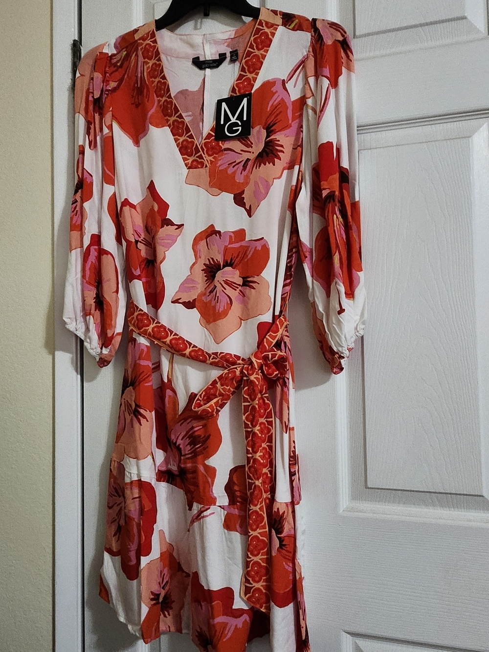 MG Floral Midi Belted Dress in White with Red & Pink Blooms